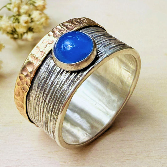 Blauer Achat Ring "Aviva" 925er Silber mit Umrandung aus 333er Gold