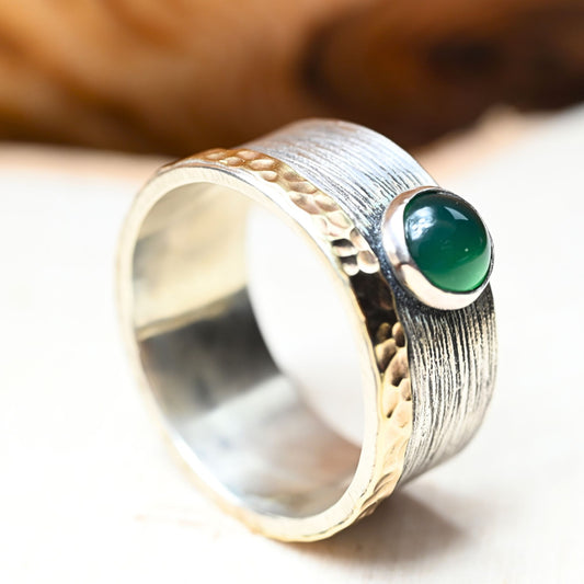 Bicolor Ring mit Grün-Achat "Merav" Silber und Gold