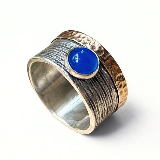 Blauer Achat Ring "Aviva" 925er Silber mit Umrandung aus 333er Gold